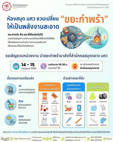 เปลี่ยนขยะในมือคุณ ให้เป็นพลังงานสะอาด! สำนักหอสมุดกลาง มศว ขอเชิญชวนส่งมอบ “ขยะกำพร้า”