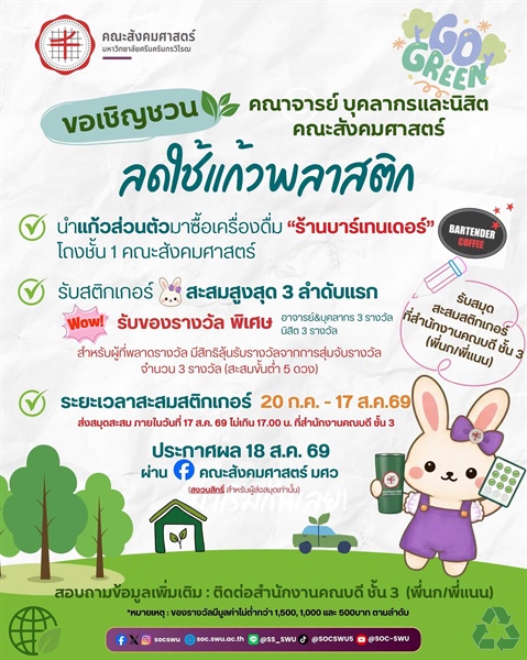 ขอเชิญชวนคณาจารย์ บุคลากร และนิสิตคณะสังคมศาสตร์ ร่วมกันลดใช้แก้วพลาสติกไปด้วยกัน!